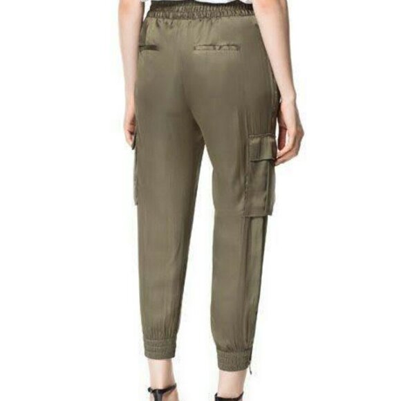 ZARA Olive Green Satin Cargo Joggers  Size XS - Picture 5 of 7